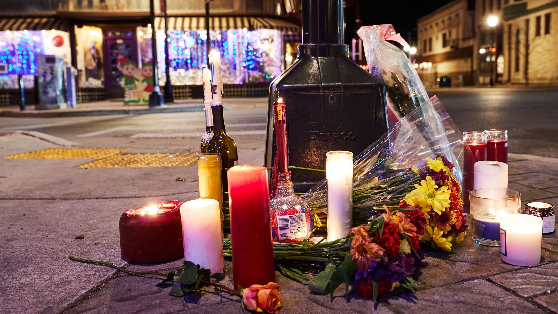A makeshift memorial is pictured along the route of the parade on W Main Street in Waukesha, Wisconsin