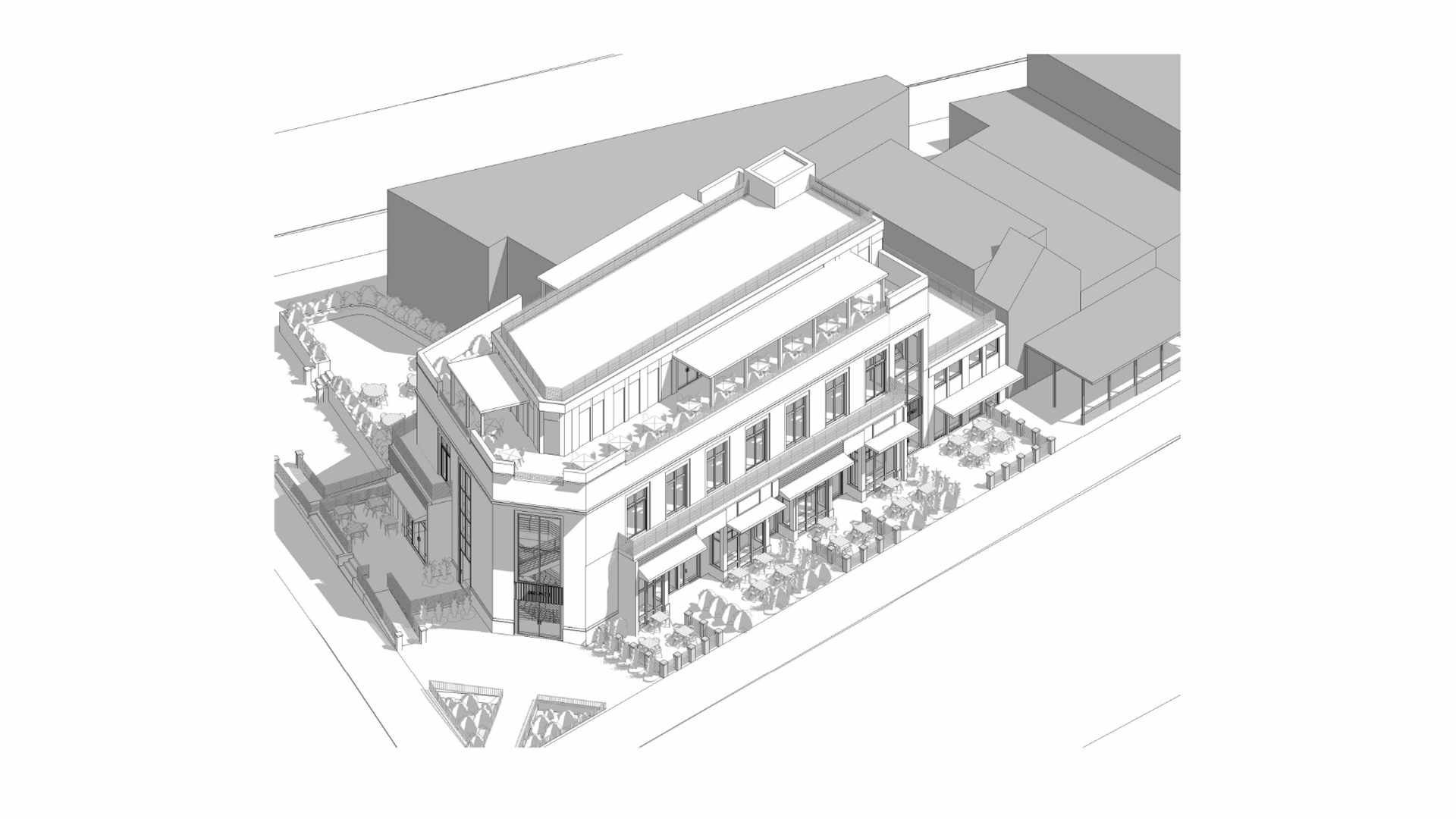 Grayscale isometric rendering of a multi-story urban building with a rooftop terrace, balconies, and a long row of outdoor dining along the sidewalk; surrounding blocks visible in the background.
