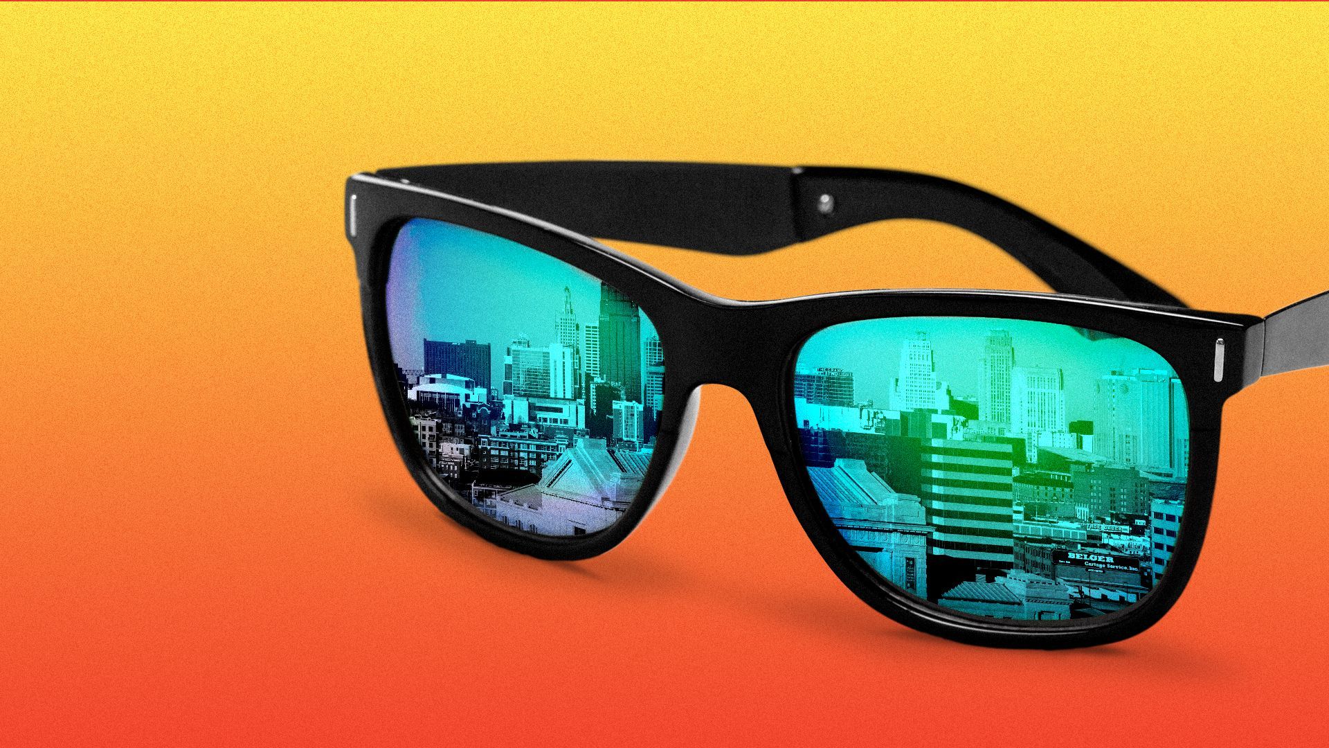 Illustration of the Kansas City skyline reflected in sunglasses lenses.
