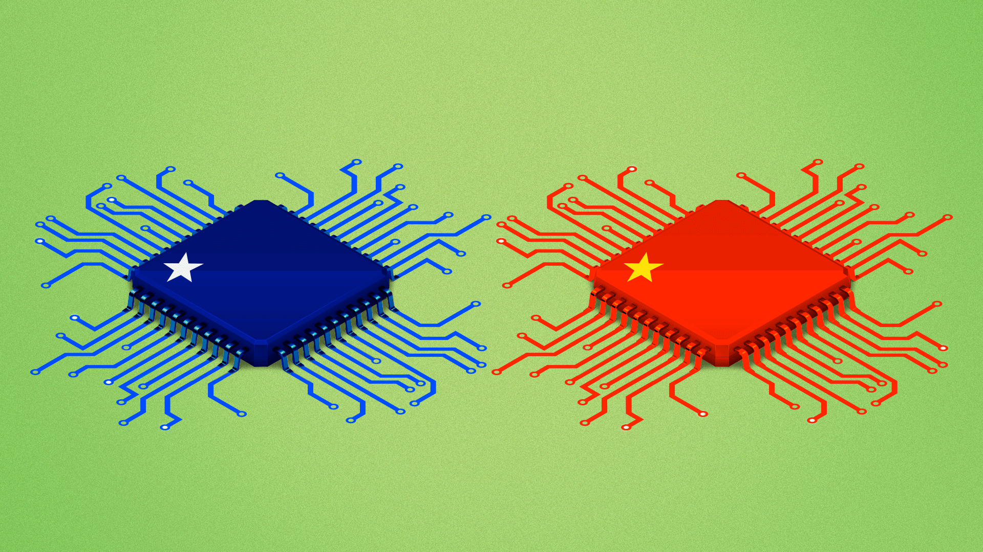 Animated illustration of two computer chips, one with American coloring and one with Chinese coloring. Their circuits are spreading out in different directions.