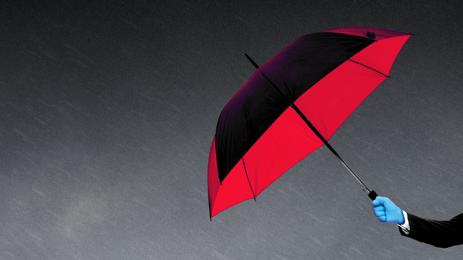 Illustration a person in a business suit wearing medical gloves and holding an open umbrella.