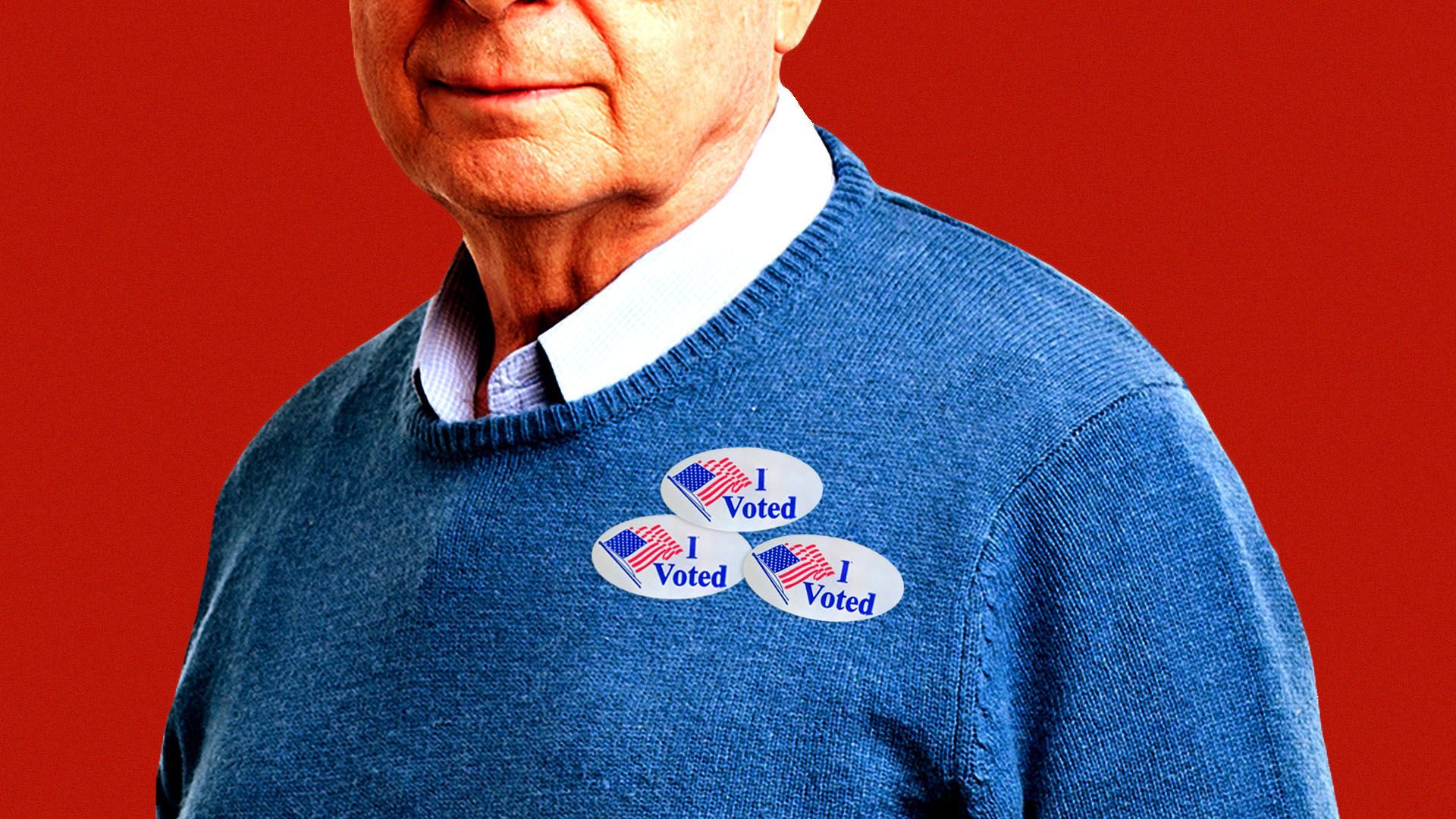 Illustration of a senior man wearing 3 "I voted" stickers.