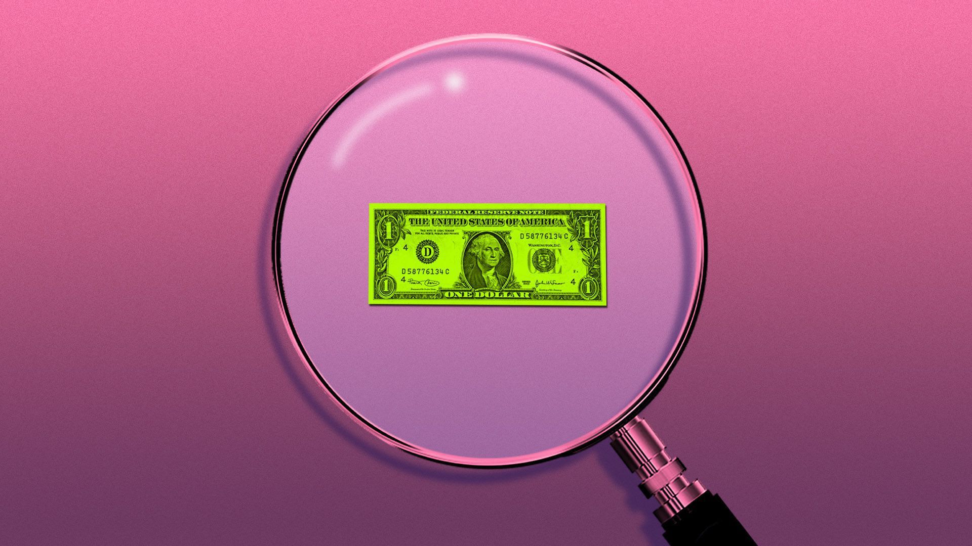 Illustration of a magnifying glass over a $1 bill.