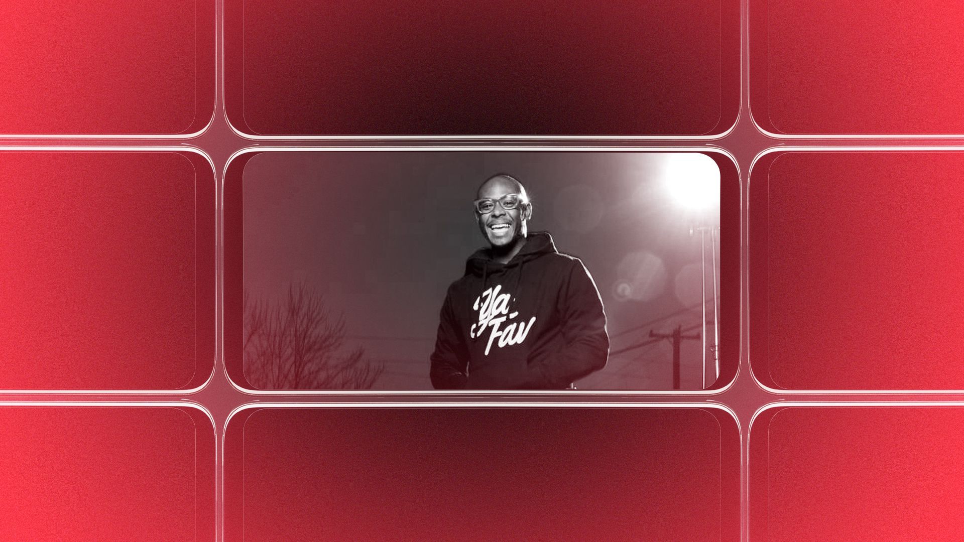 Photo illustration of a grid of smartphone screens, the center one showing an image of Terrill Haigler.