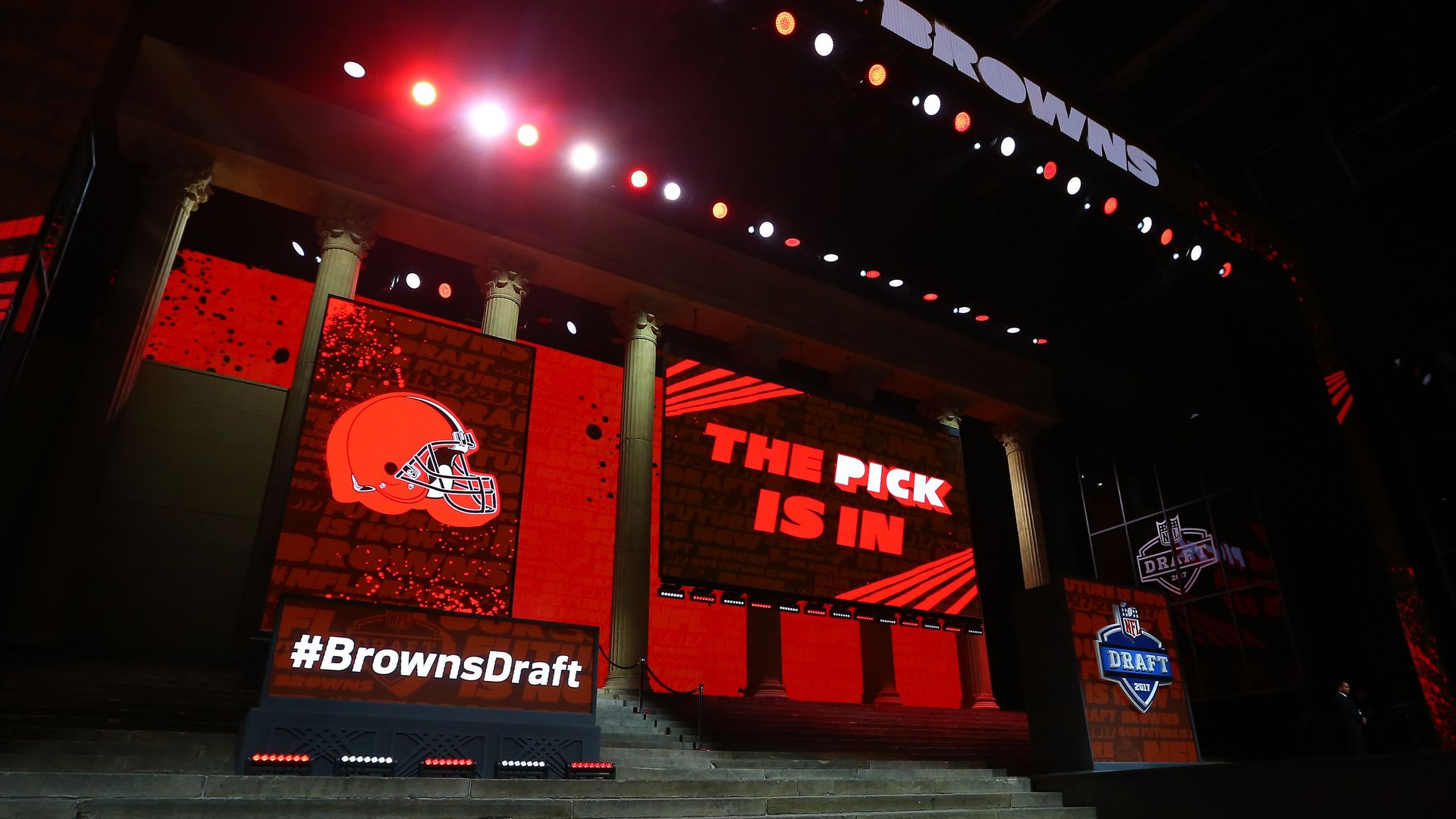 A photo of a screen at the NFL Draft saying the Browns pick is in. 