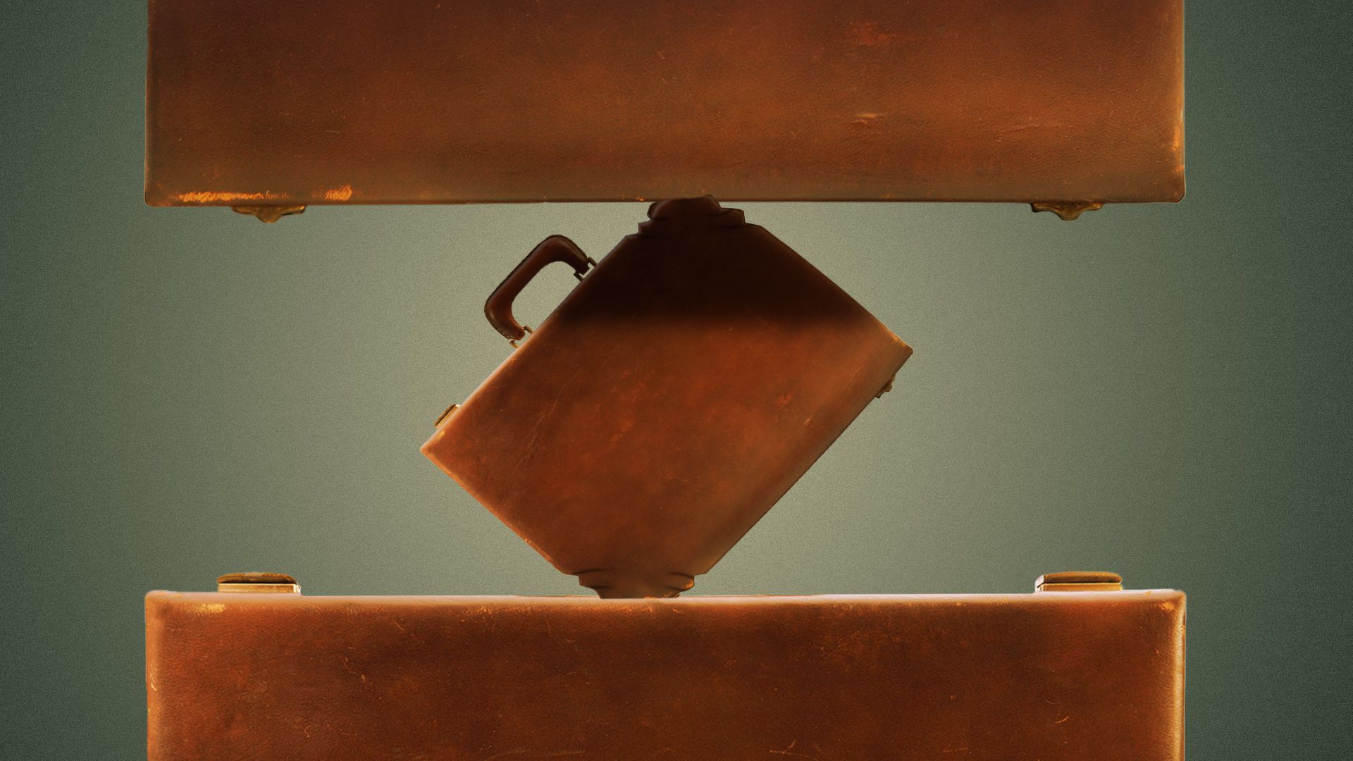 Illustration of three briefcases, with the one in the middle squashed.