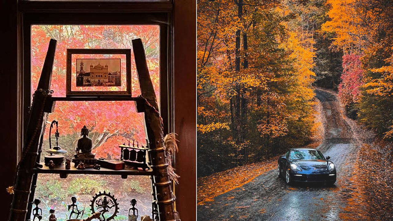 Side by side photos of a window looking out to an autumn scene and a black car parked on a wet road in the middle of woods in the autumn