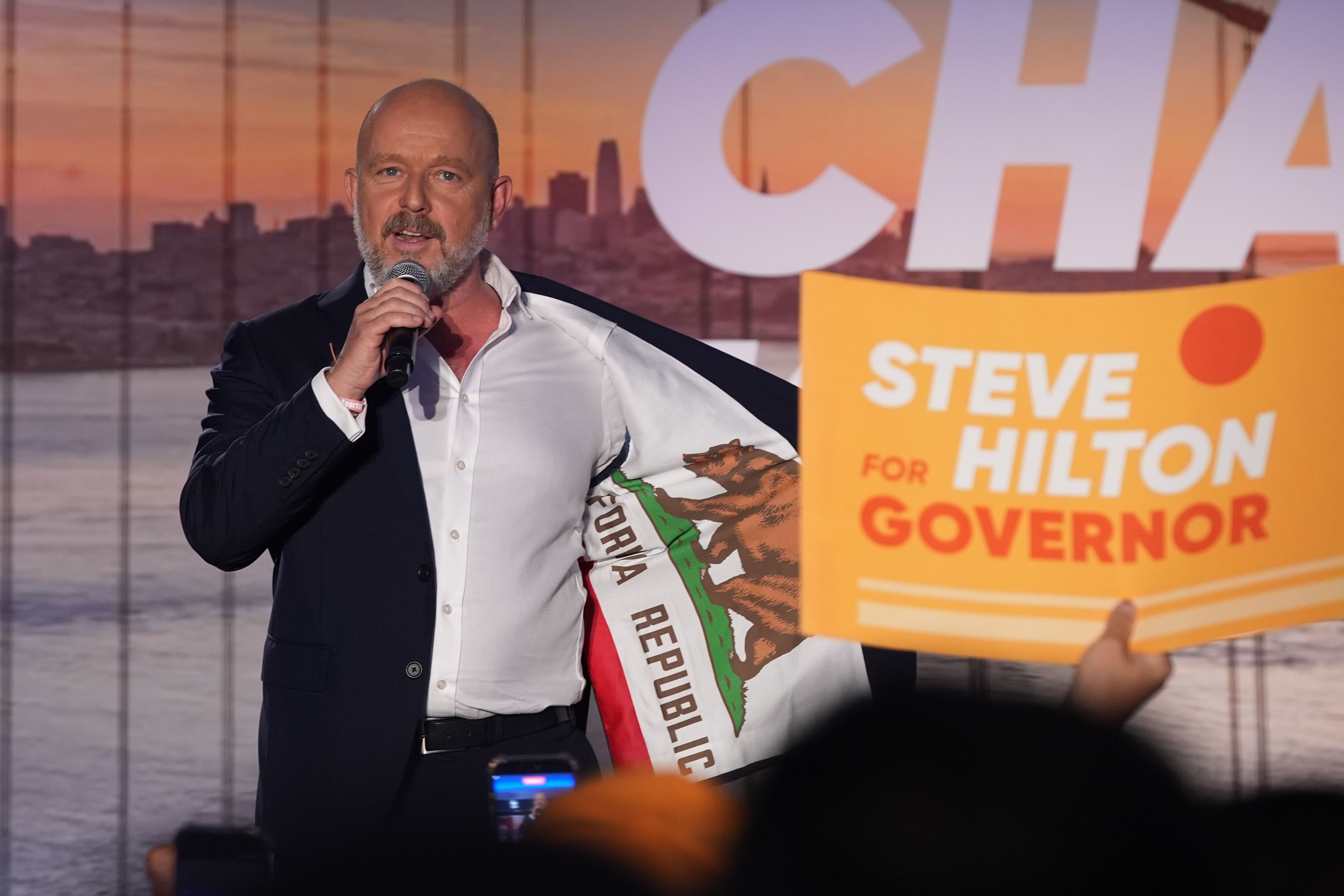 California gubernatorial candidate Steve Hilton speaks during an election night event Tuesday, June 2, 2026, in Huntington Beach, Calif. (AP Photo/Gregory Bull)