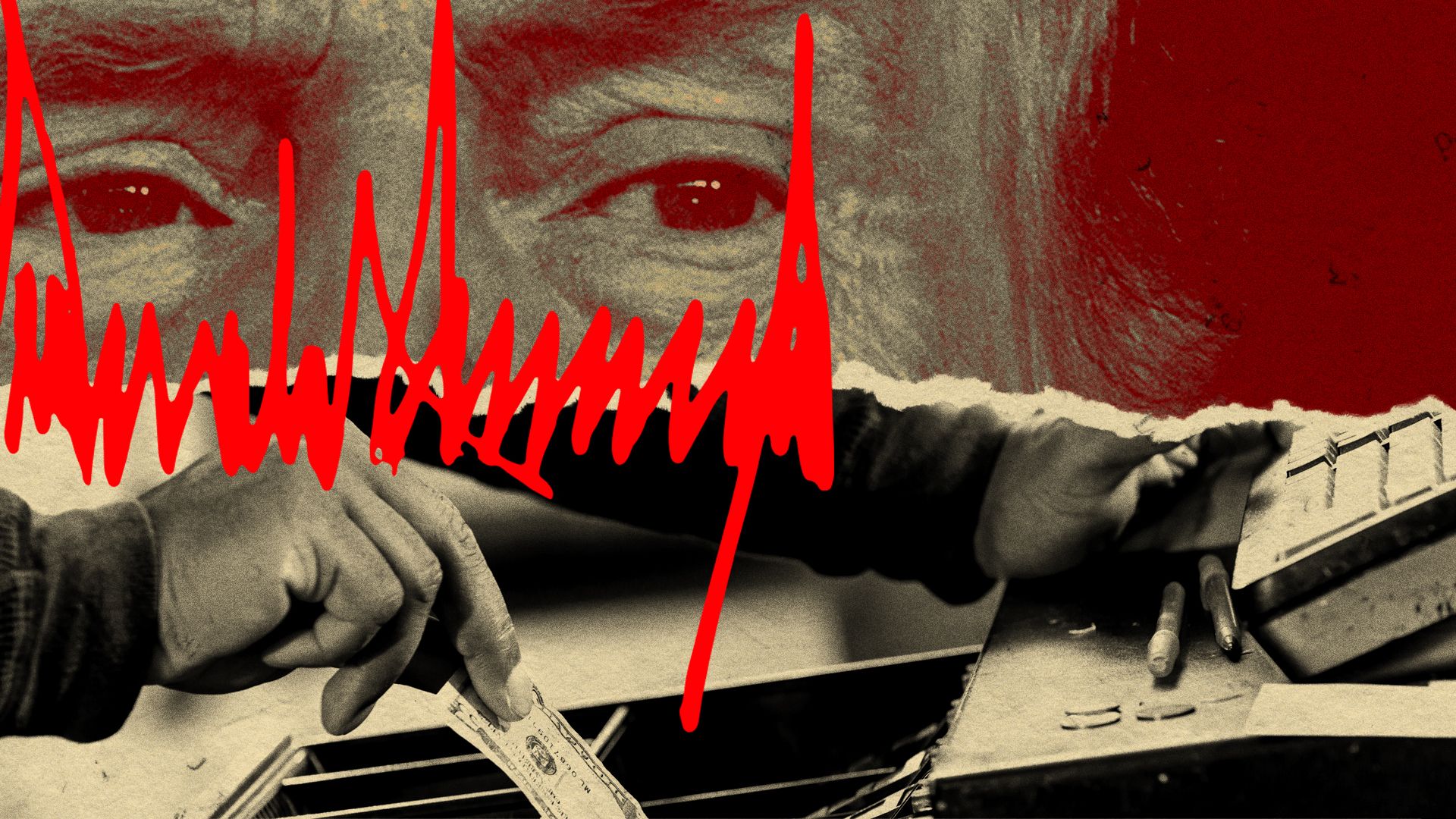 Photo illustration of Donald Trump, his signature, and a pair of Black hands at a cash register. 