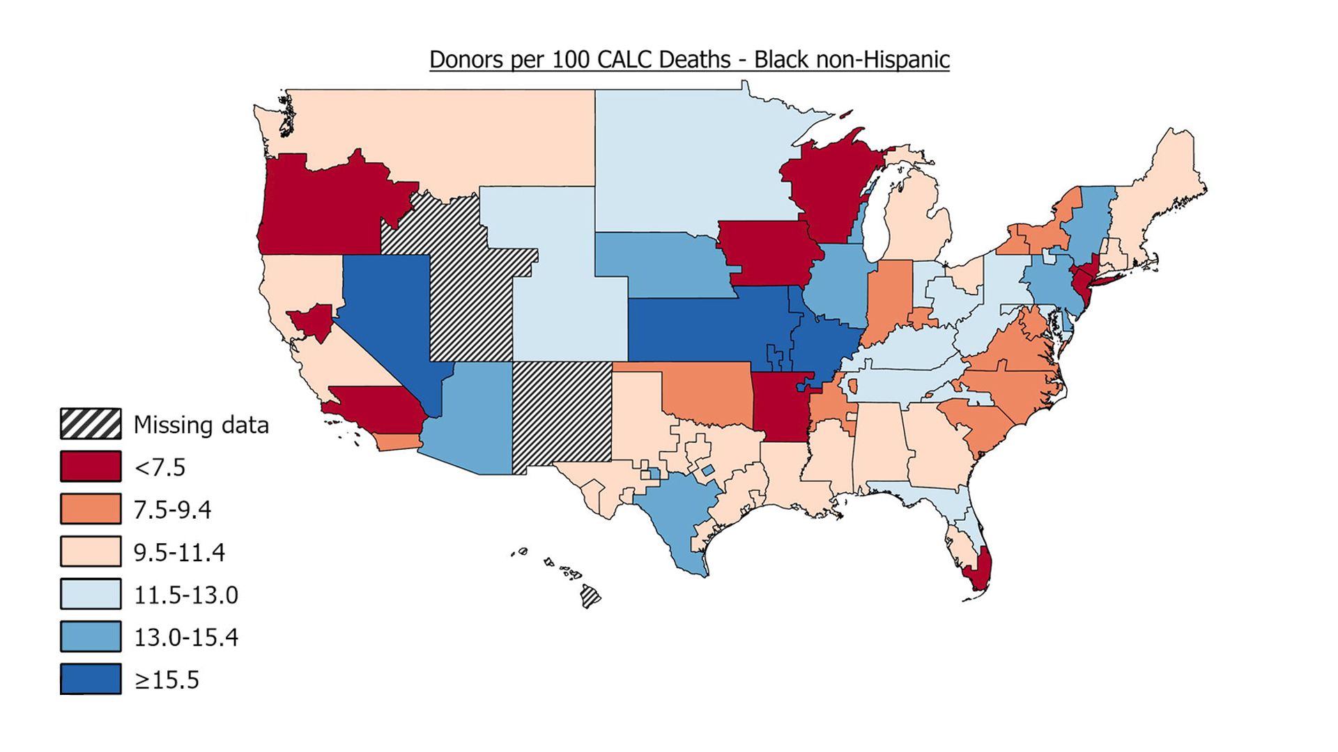 A map showing organ donors of Black people is typically poor performing due to poor outreach
