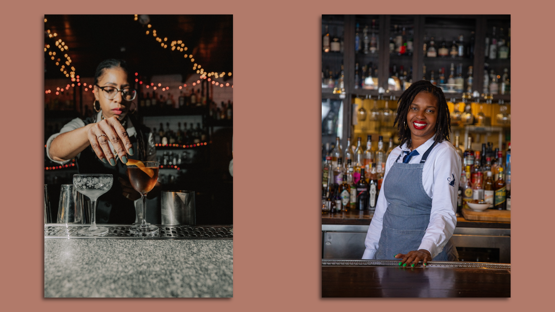 In a pair of side-by-side images, Shaun Williams, left, pours a cocktail at a bar and, at right, Erika Flowers smiles as she poses behind a bar.