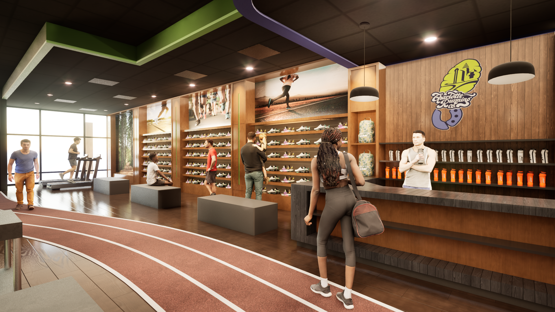 Modern athletic store interior with a curved track floor, shelves of colorful sneakers, wall posters of runners, backpacks, orange bottles, and customers at a wooden checkout counter.