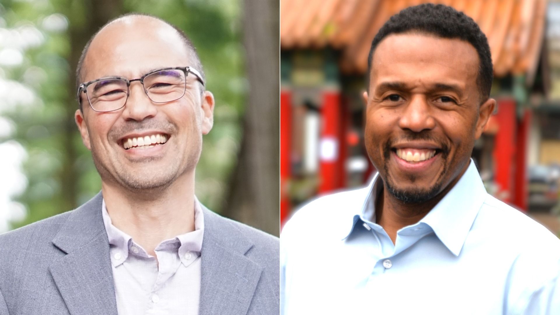 Split image of two men smiling; Eddie Lin, at left, wears glasses and a gray suit outdoors with green background, At right, Adonis Ducksworth wears a light blue shirt with blurred red and brown background