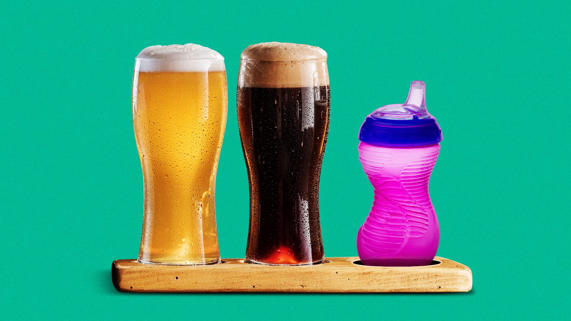 Illustration of a flight of beer, with a sippy cup replacing one of the glasses.