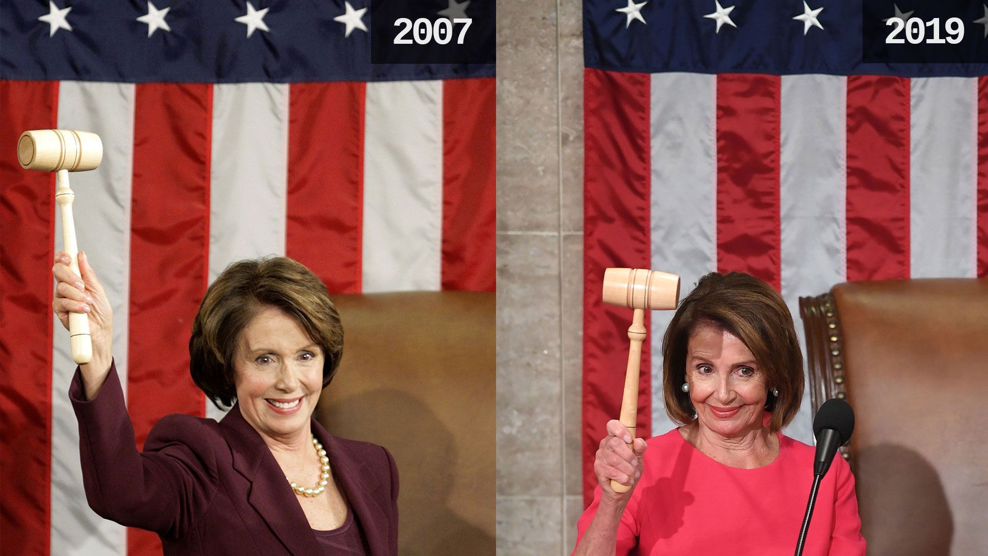 Nancy Pelosi in 2007 and 2018