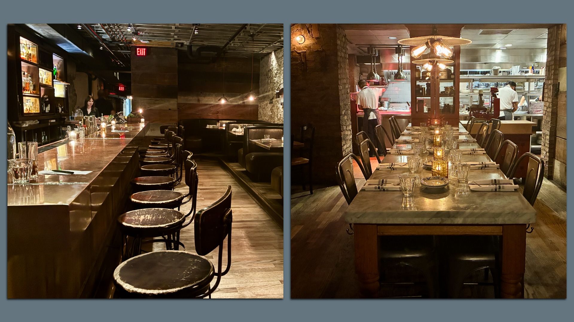 Split view of a restaurant: left side a dim bar with a marble counter and stools; right side a long dining table with glassware, candles, and an open kitchen with brick walls.