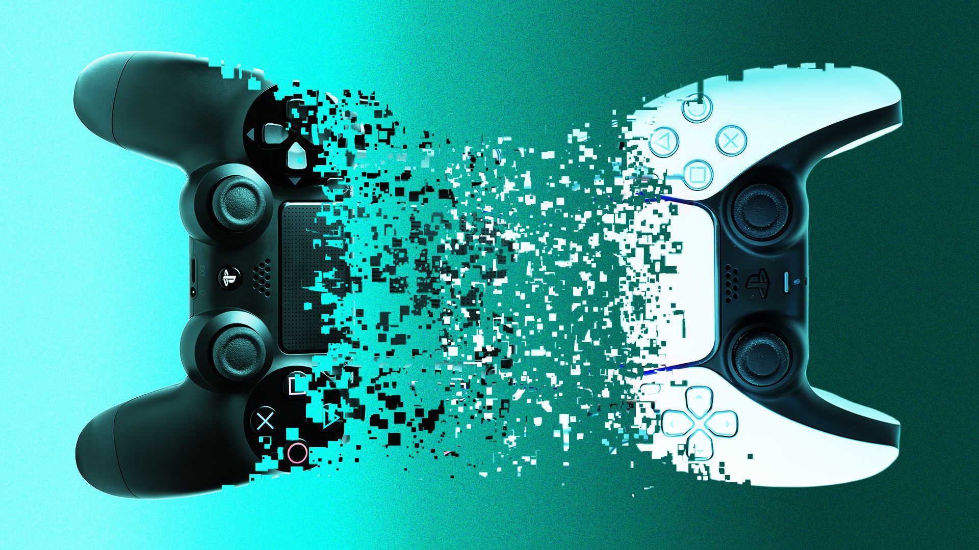 Illustration of PS4 and PS5 consoles dissolving into each other.