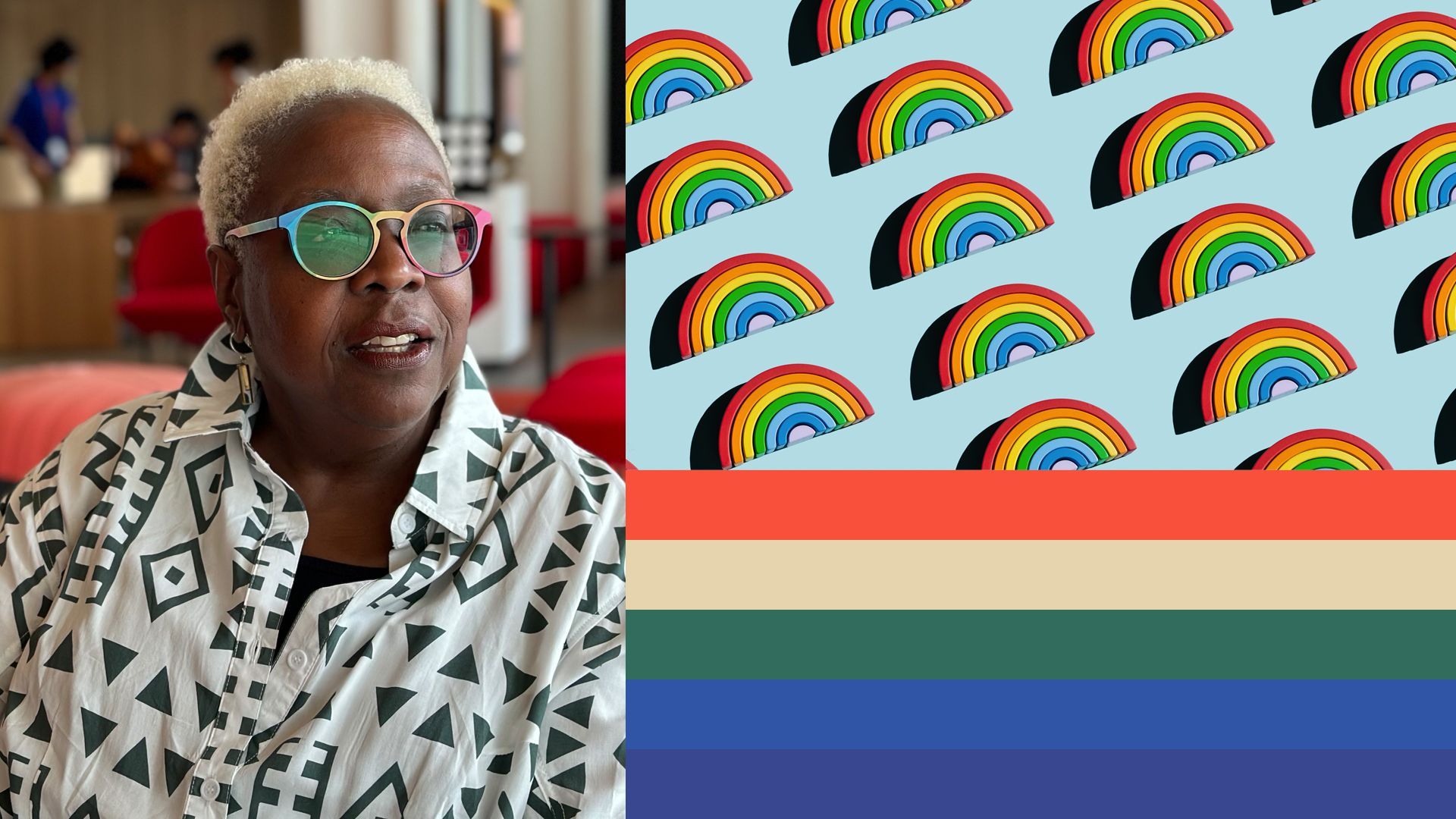 Photo illustration collage of Michelle Johnson, surrounded by rainbows and abstract shapes.