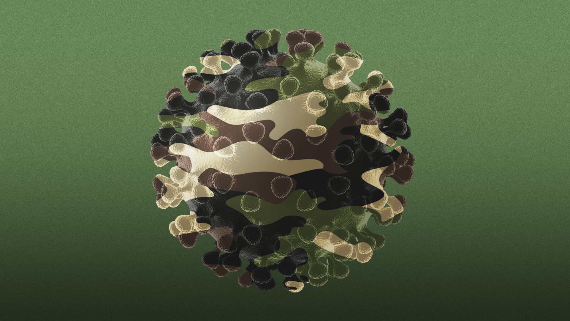 Illustration of a coronavirus covered in camouflage. 