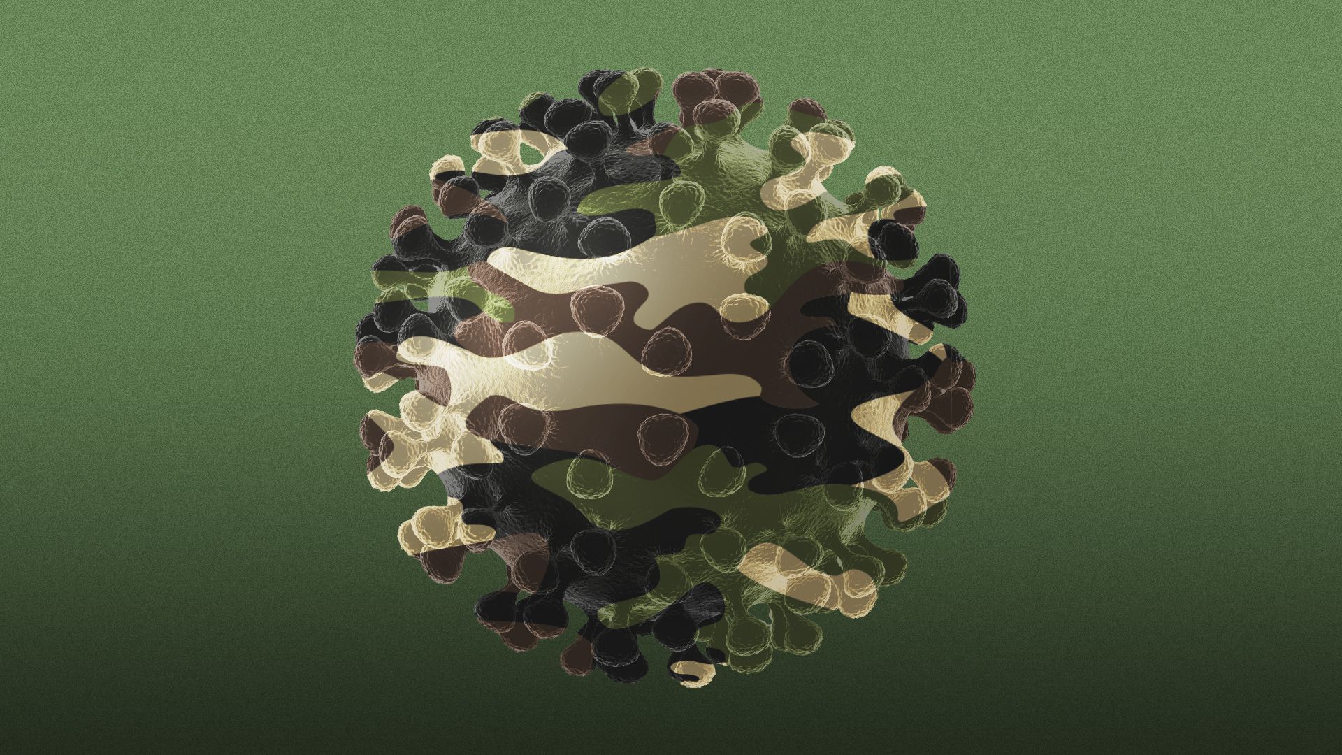 Illustration of a coronavirus covered in camouflage.