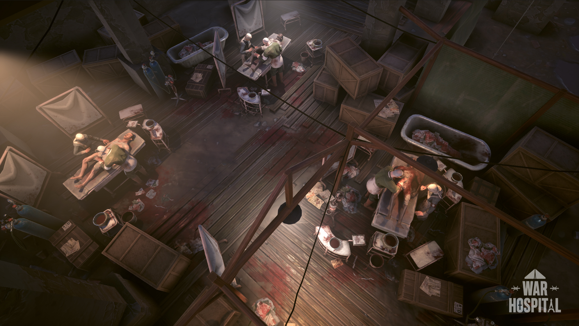 Video game screenshot showing the interior of a World War I field hospital