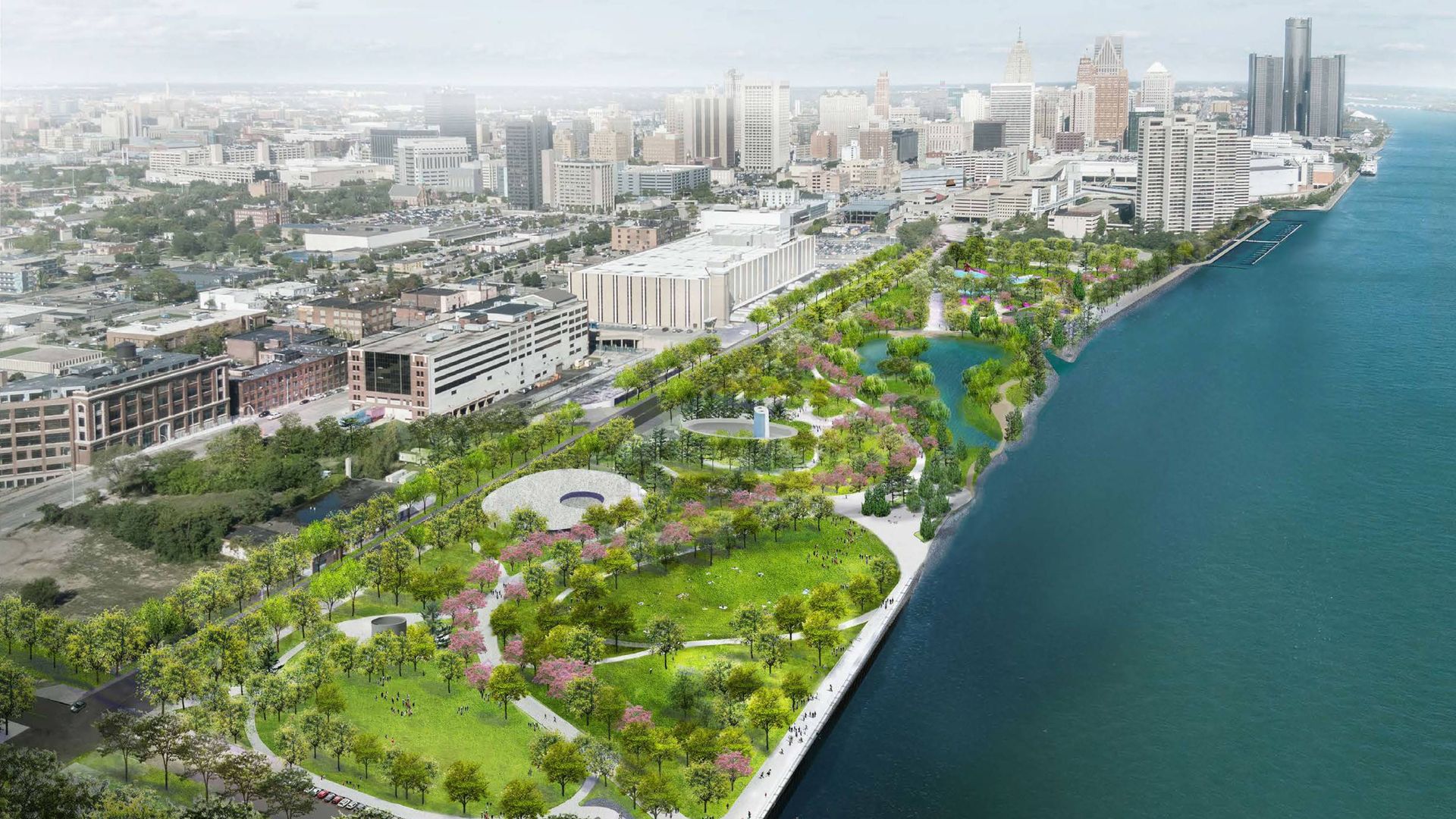 A rendering of green space intersected by paths on Detroit's west riverfront along the water.