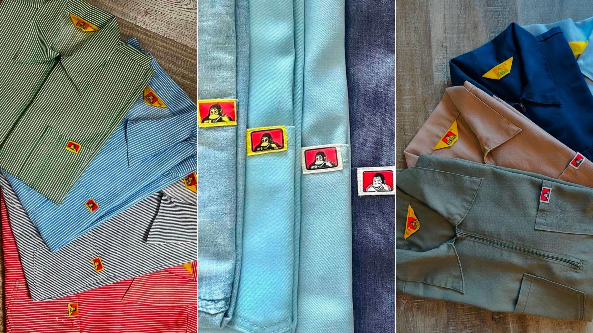 Triptych collage of folded shirts and fabrics in green stripes, various blues, denim, and jackets, each with a small yellow badge featuring a red logo, arranged on a wooden surface.