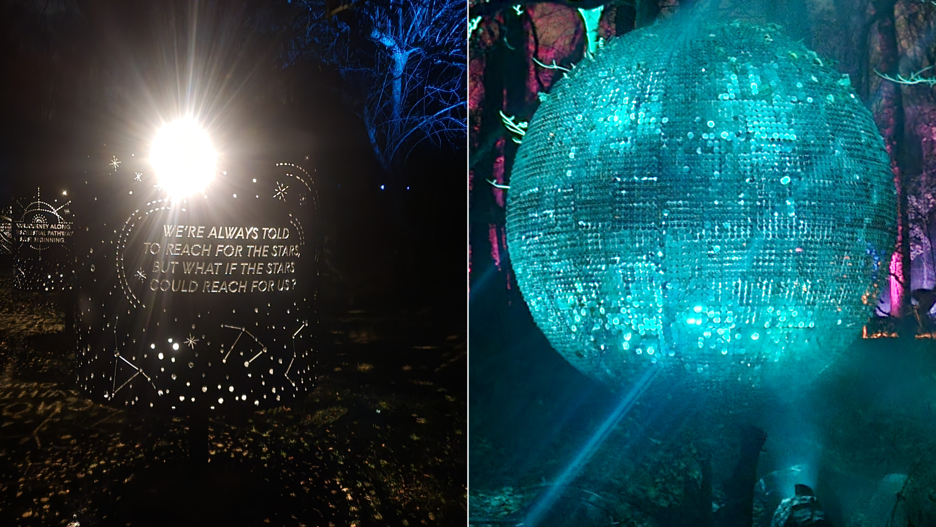 An Astra Lumina sign that says, "We're always told to reach for the stars, but what if the stars could reach for us?"; and an exhibit that resembles a disco ball.