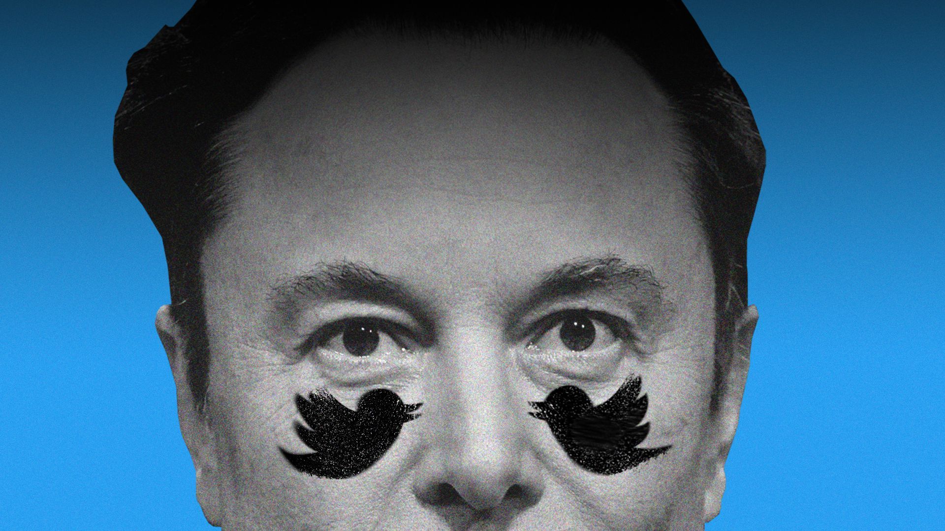 Photo illustration of a close-up of Elon Musk with eye black grease in the shape of the Twitter logo under his eyes