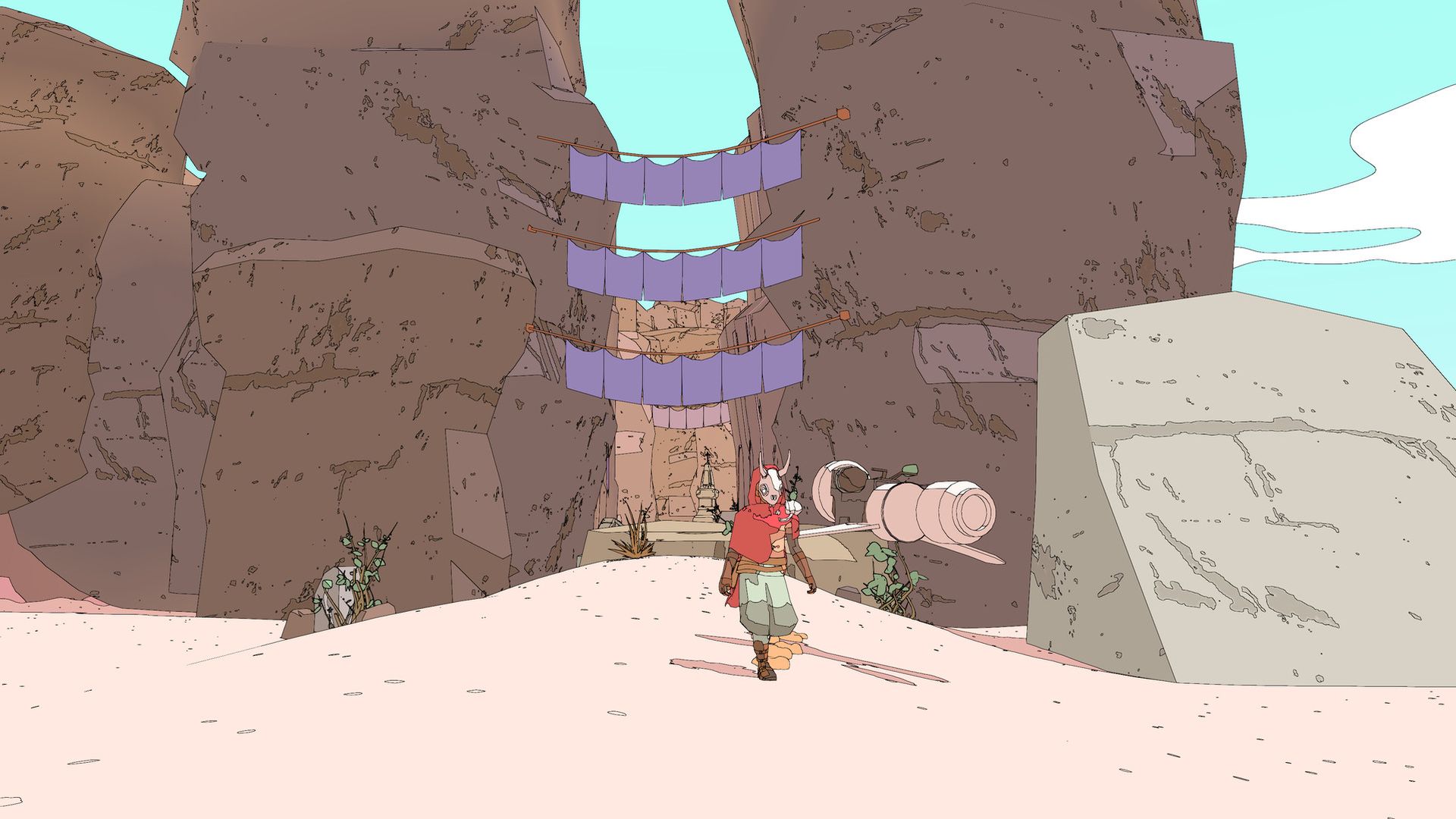 A video game character covered in a helmet and cloak walks through a desert