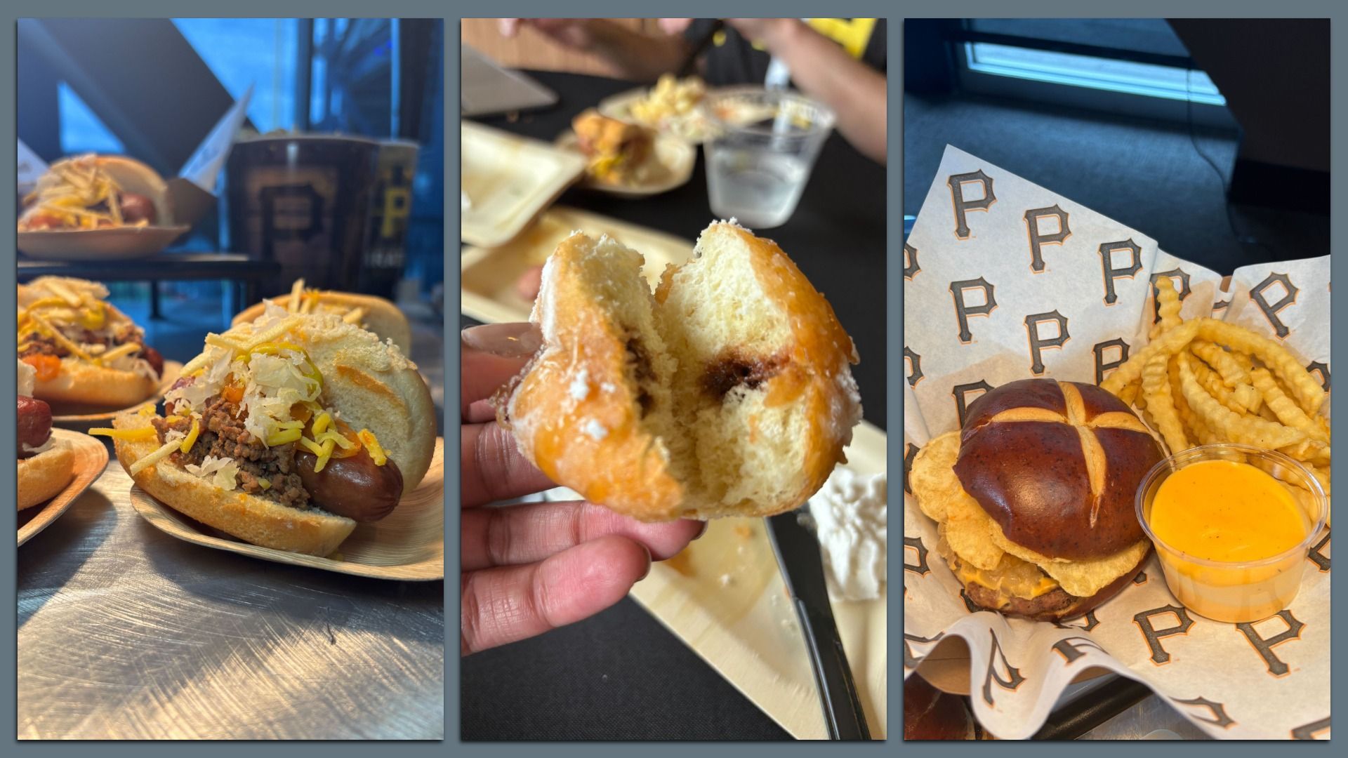 Three-panel food collage: left shows loaded hot dogs with mustard and cheese; middle a bitten glazed donut with filling; right a pretzel-bun burger with crinkle-cut fries and a cup of orange cheese sauce on branded paper.