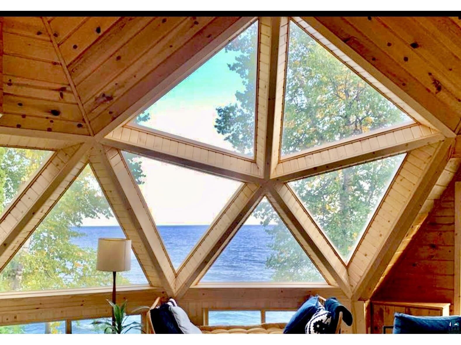 The view of Lake Superior through a triangular window.