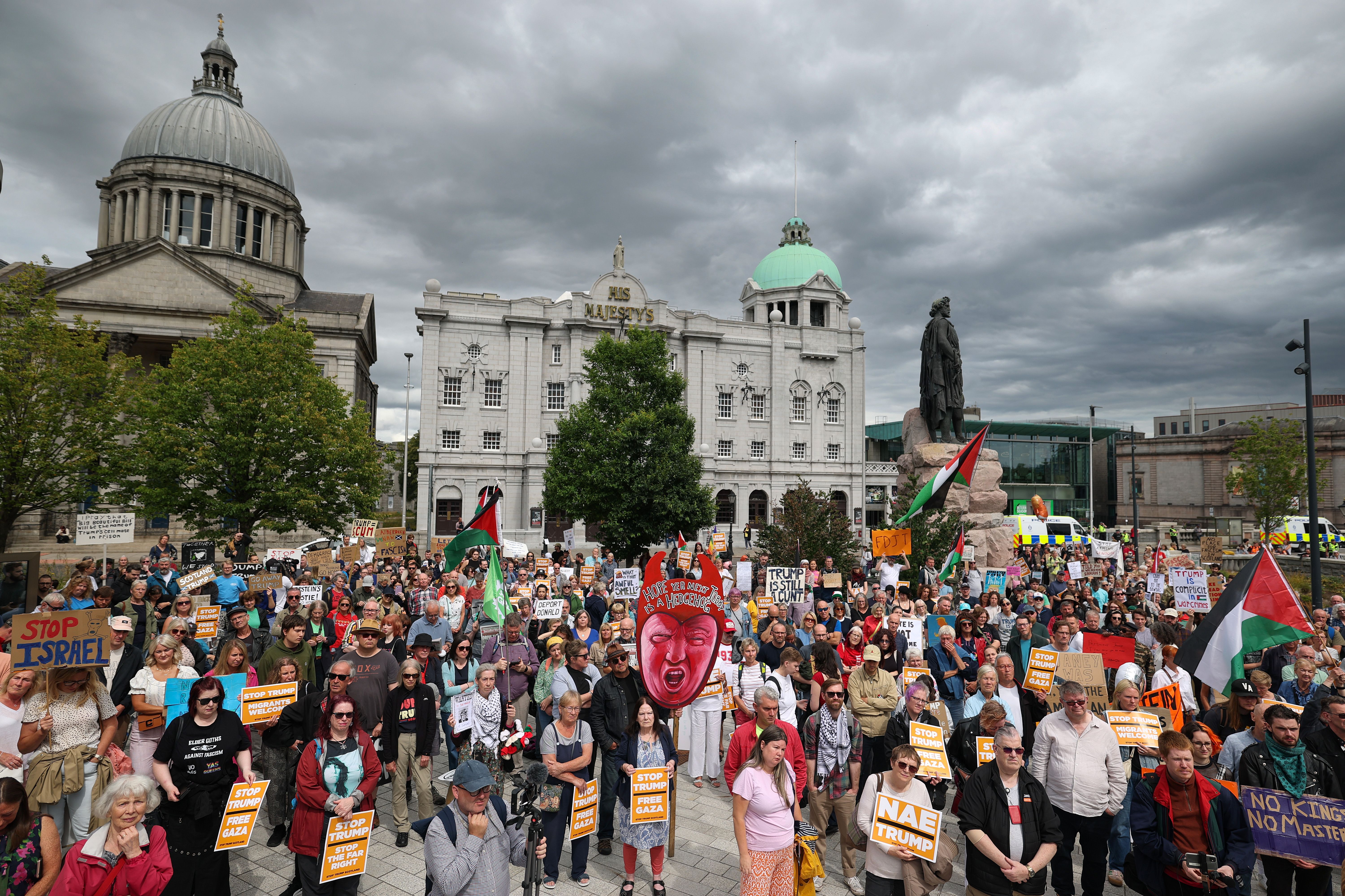 Demonstrators gather at Union Terrace protesting against the visit of President Trump to Scotland on July 26, 2025 in Aberdeen, Scotland.