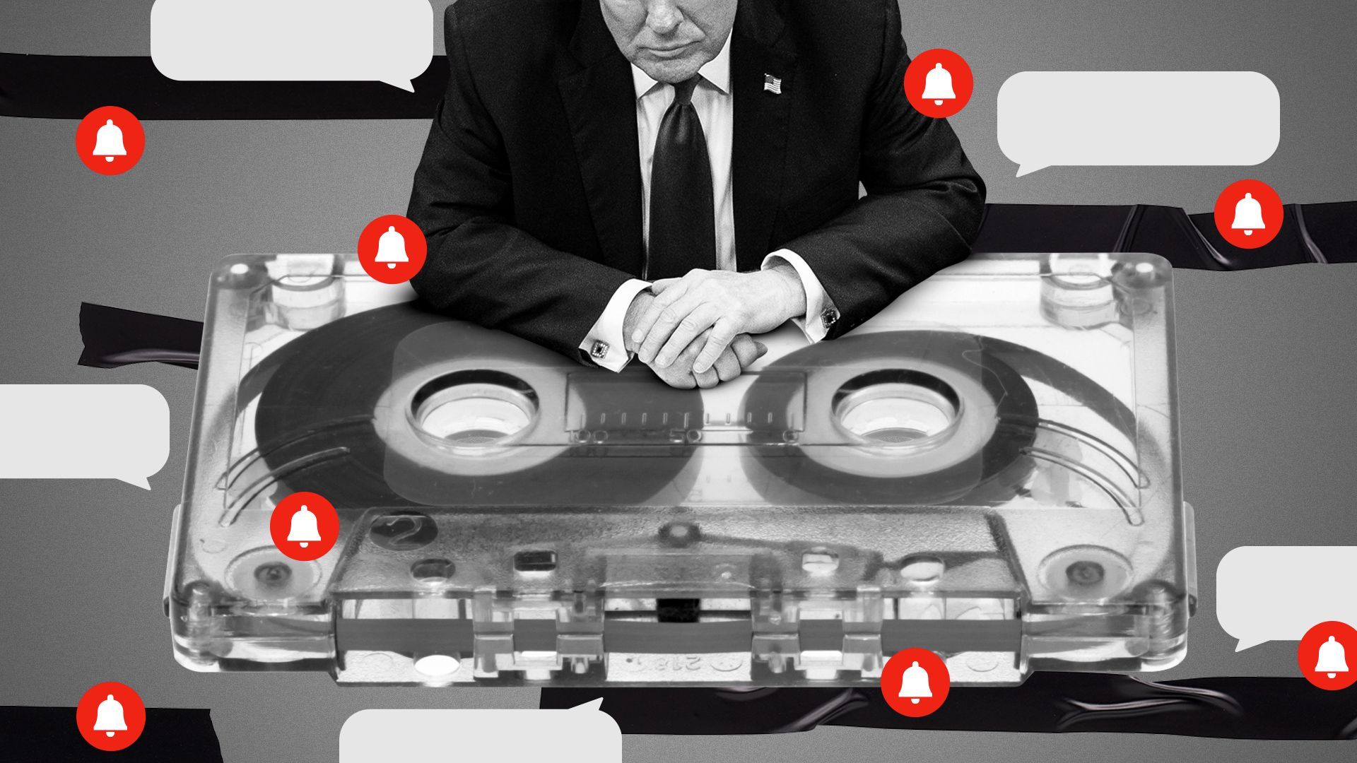Photo illustration of Donald Trump, a cassette tape, notification bubbles and pieces of tape. 