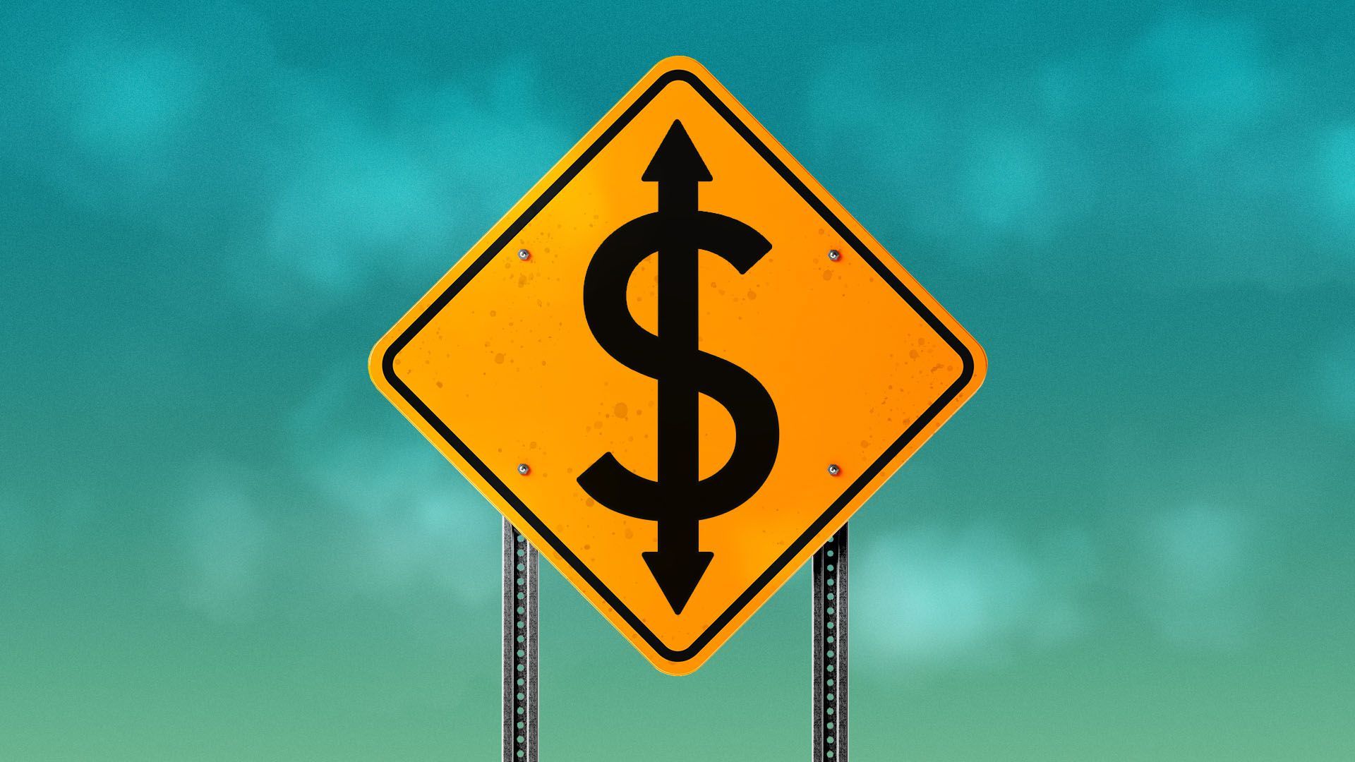 Illustration of a street sign with a dollar symbol with two arrows on it