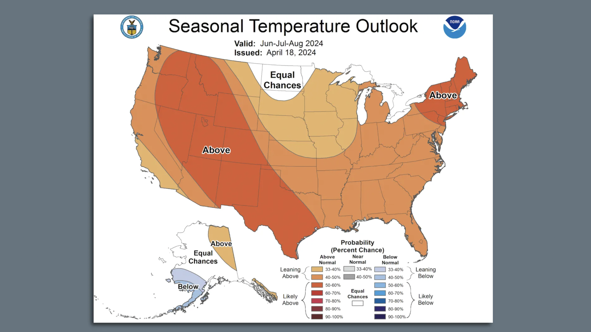 A map showing a large swath of the U.S. will experience above average temperatures this summer.