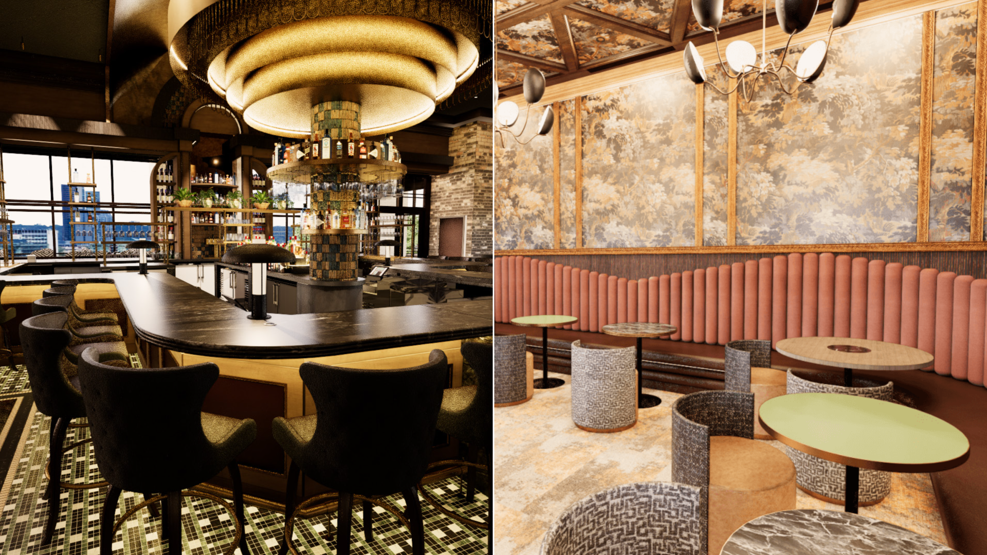 Side by side photos of a bar interior