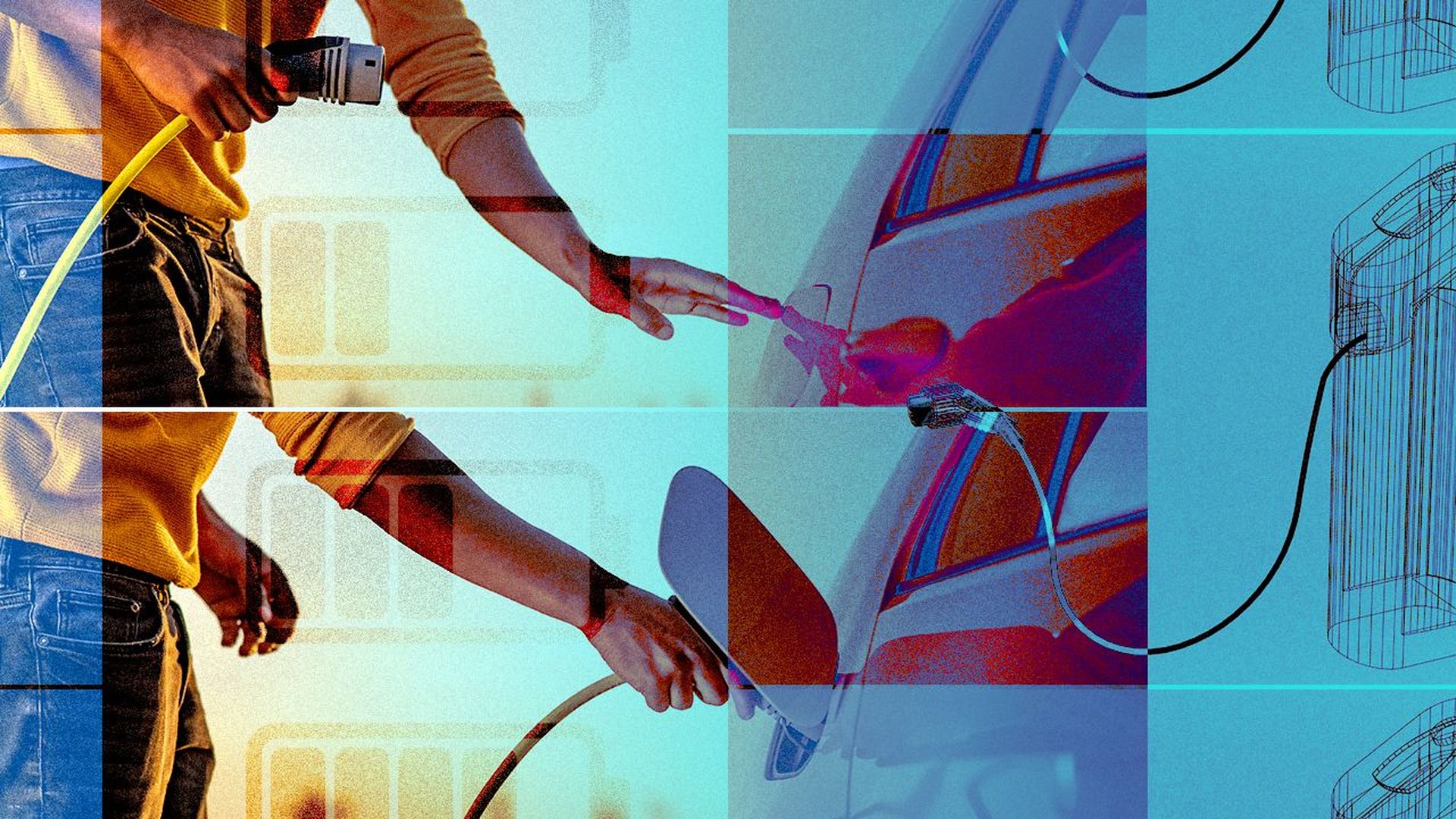 Photo illustration of a person plugging their EV in to charge with battery imagery and charger schematics overlayed 