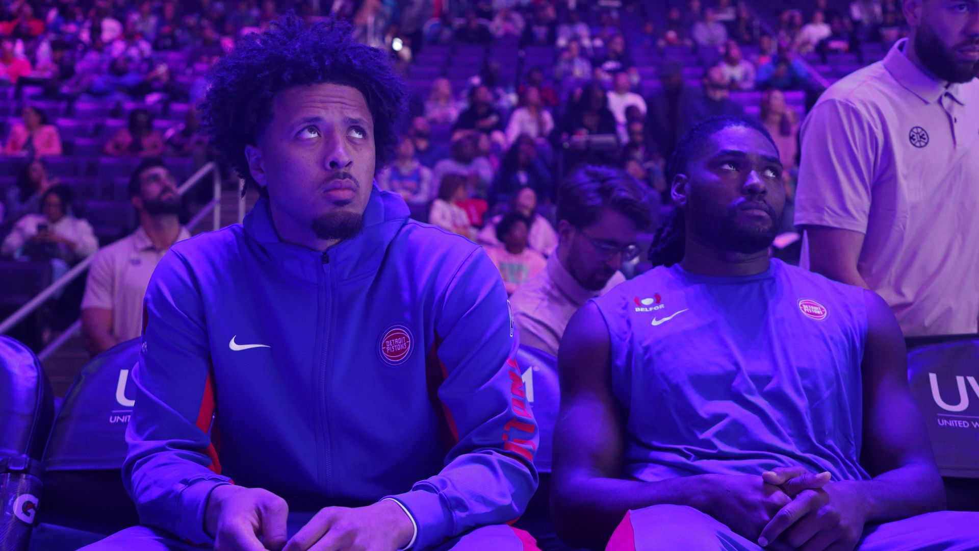 Cade Cunningham and Isaiah Stewart on the bench during the team's preseason game against the Suns. Isaiah Stewart