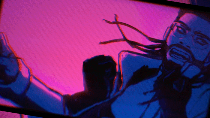 Gif of an animated scene showing a pink background as a person stands on shaking ground