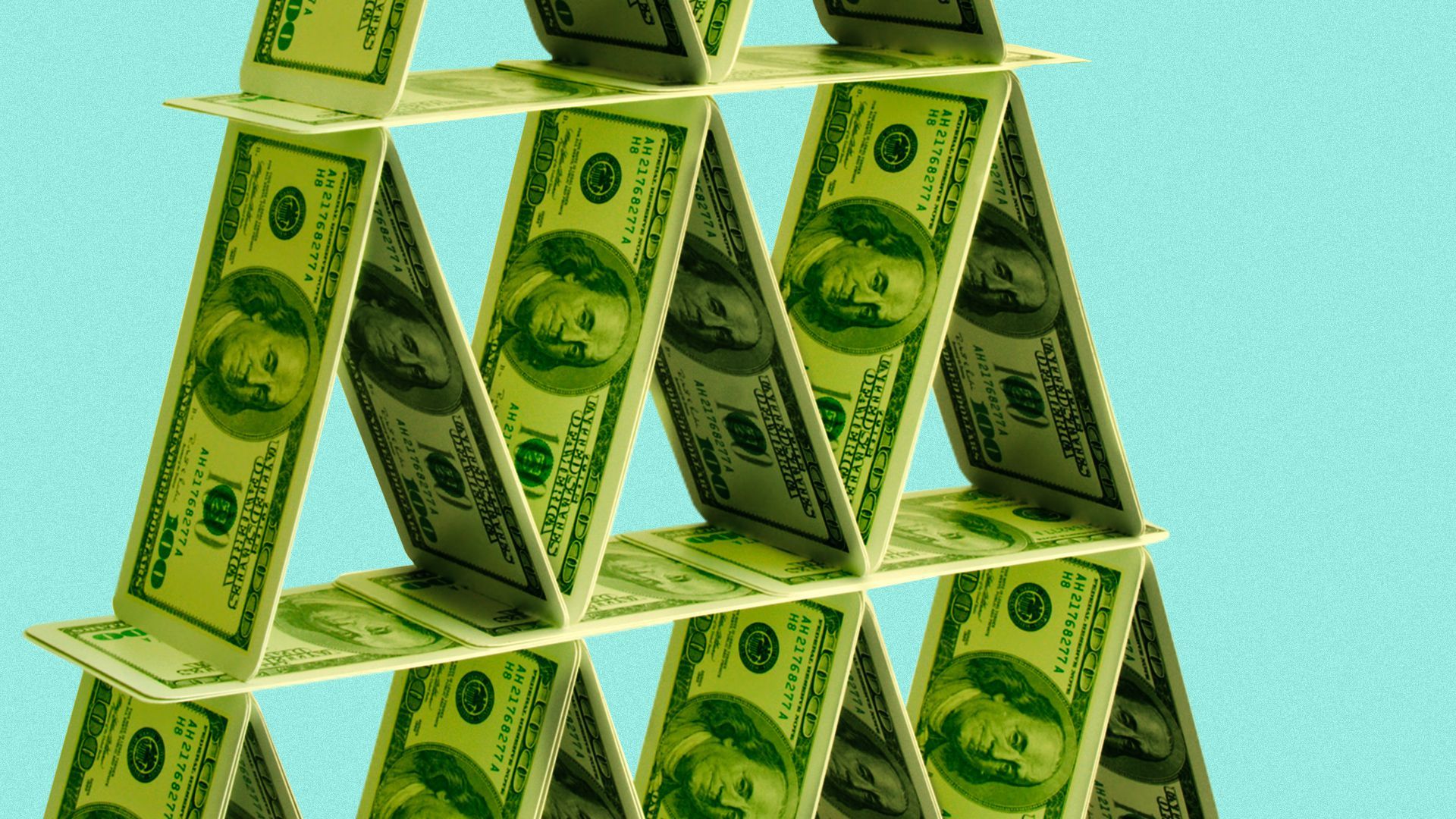 Illustration of a close up of a tower of cards made out of money.