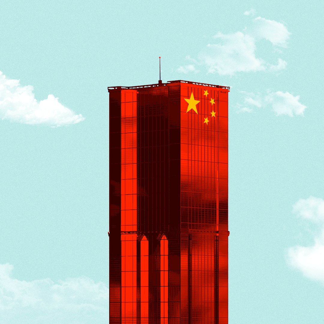 Animated illustration of a super tall skyscraper with the Chinese star elements on the side. 