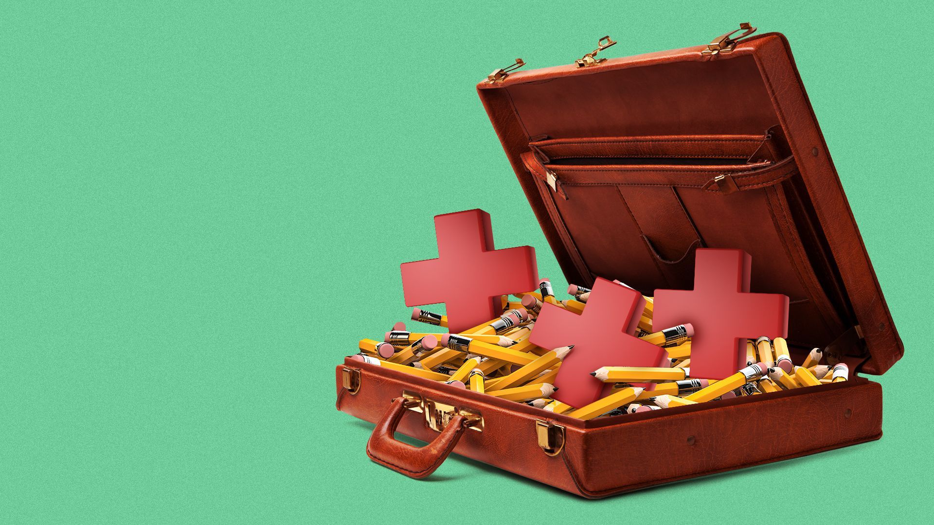 Illustration of an open briefcase full of pencils and health pluses.