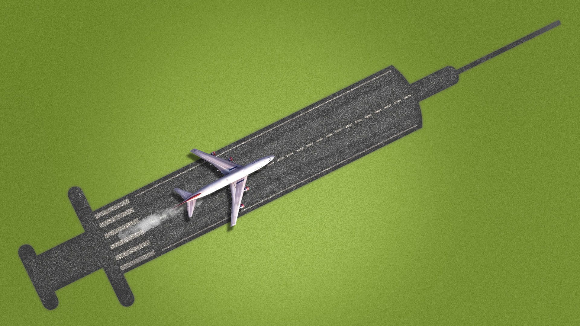 Illustration of an airplane taking off on a runway shaped like a syringe