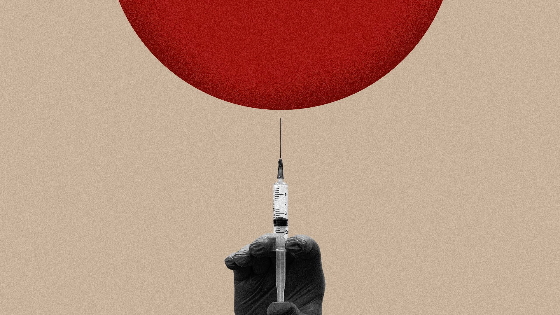 Illustration of a hand holding a syringe underneath a giant red dot. 