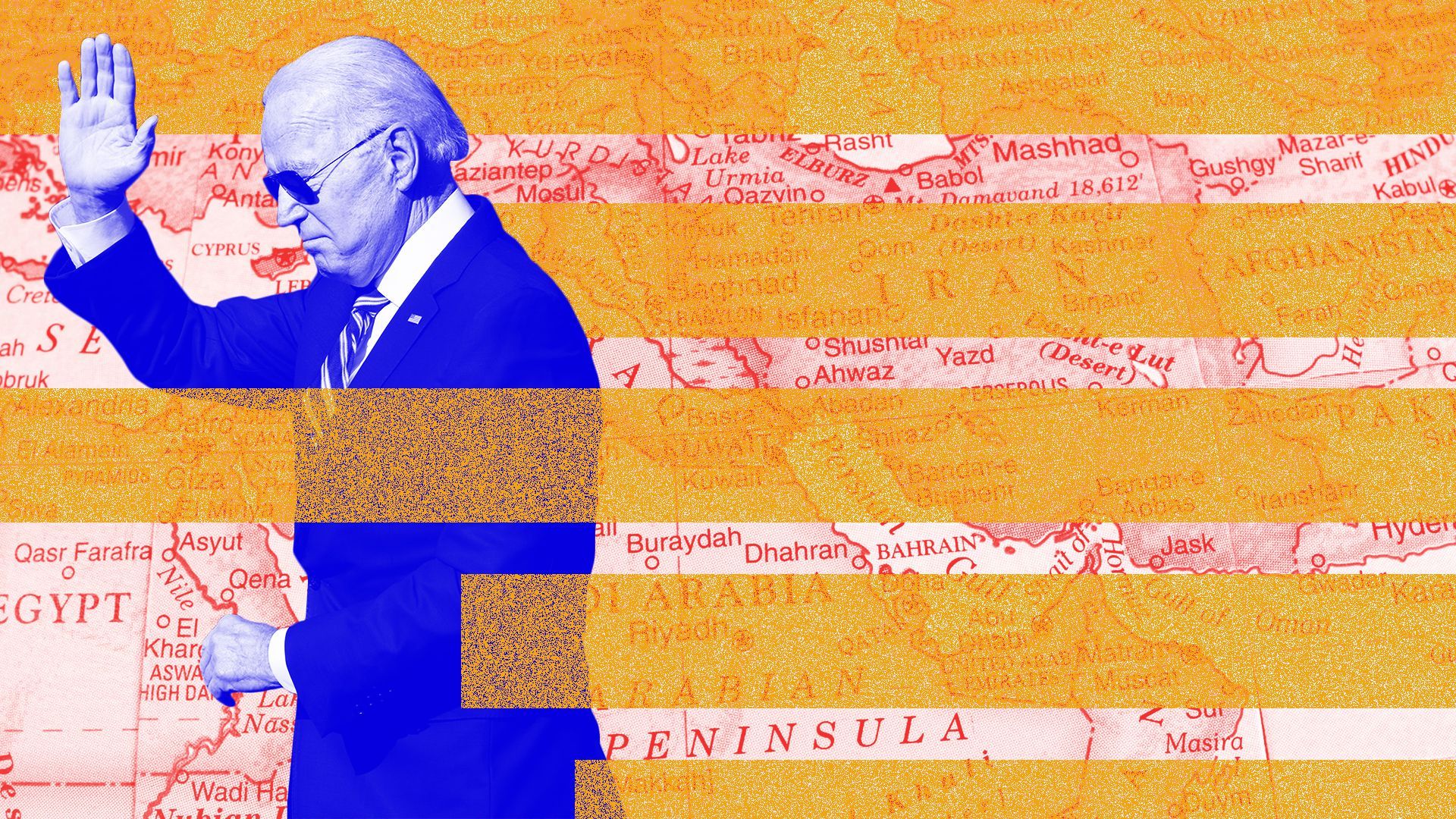 Illustration of U.S. President Joe Biden with a map of the Middle East in the background.