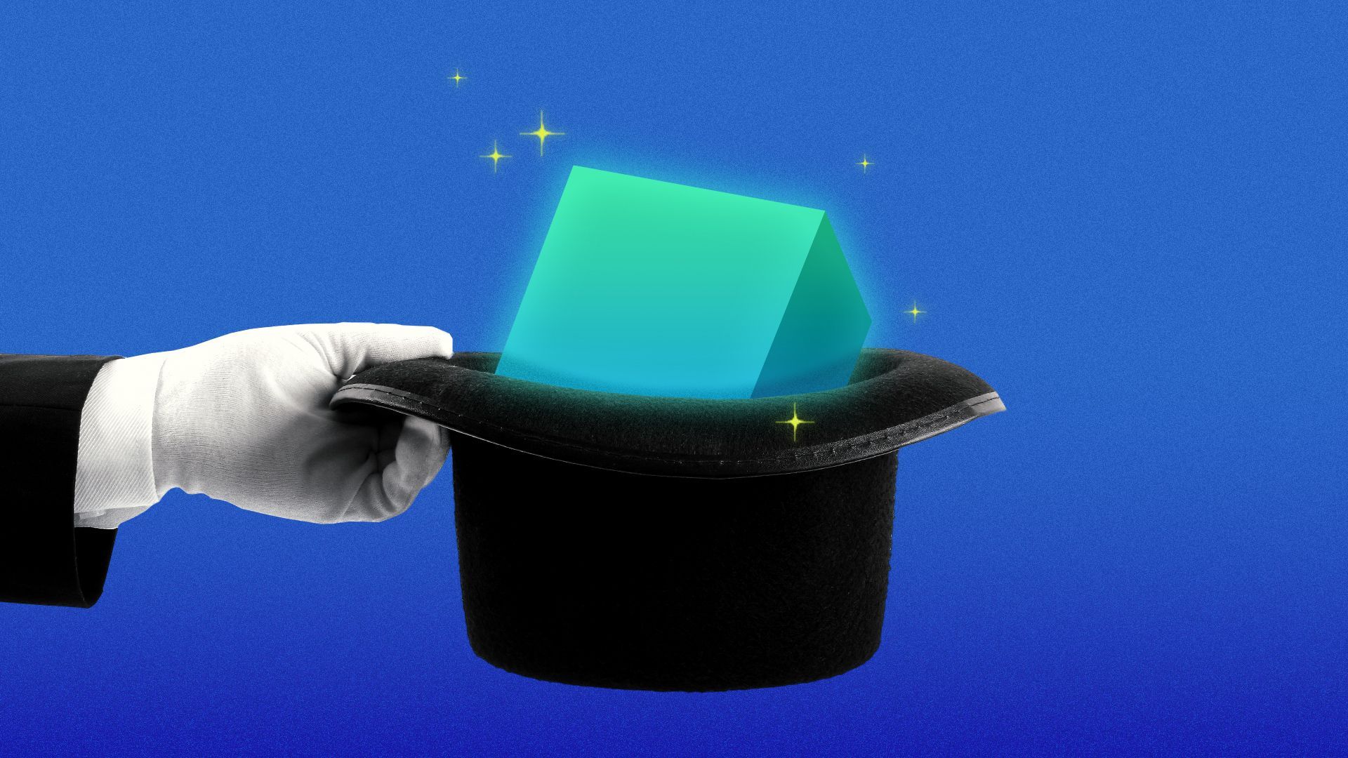 Illustration of a magician's hand holding a hat with a crypto cube appearing in it.