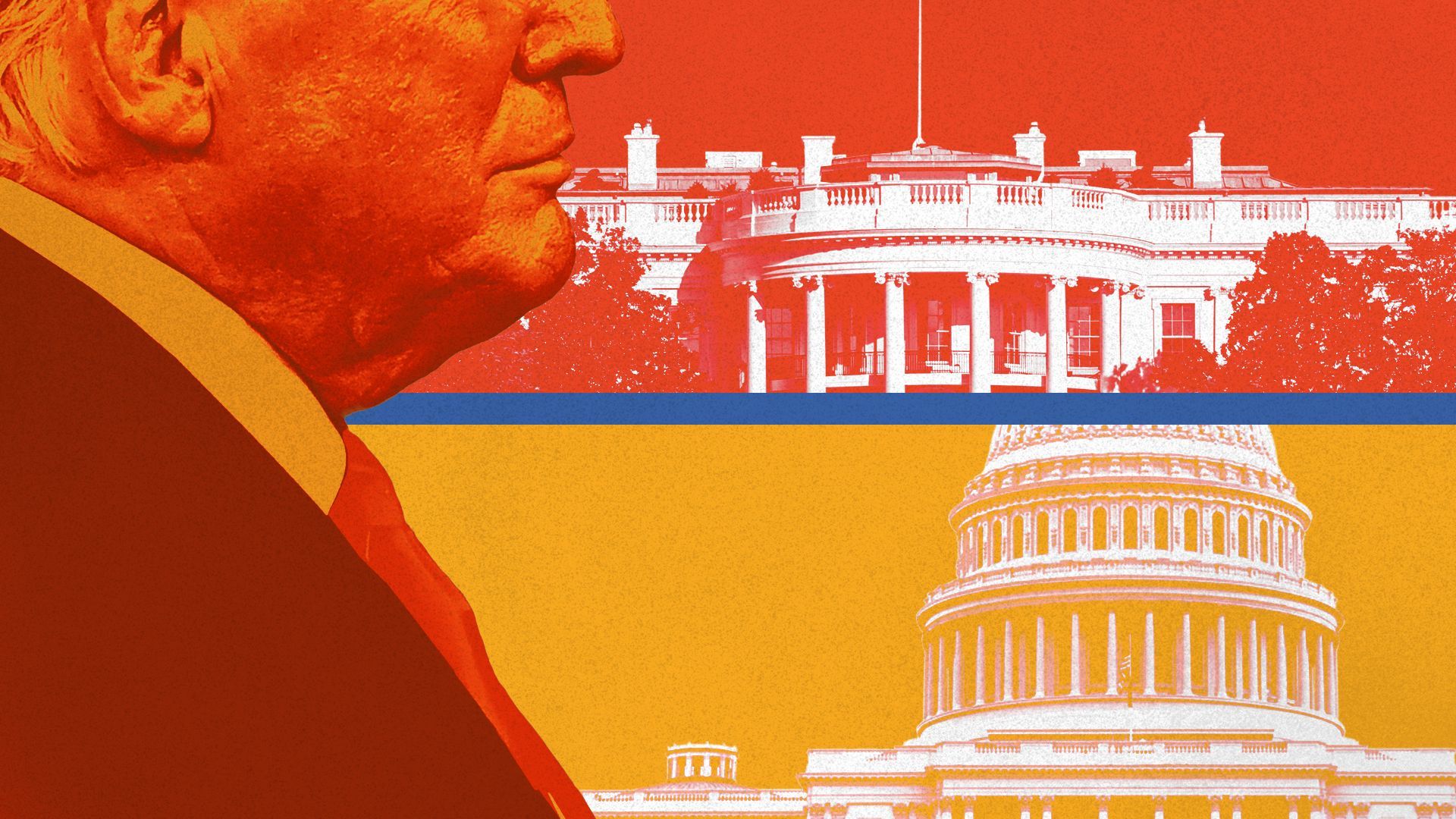 Photo illustration of former President Trump in profile with the White House and the U.S. Capitol Building behind him