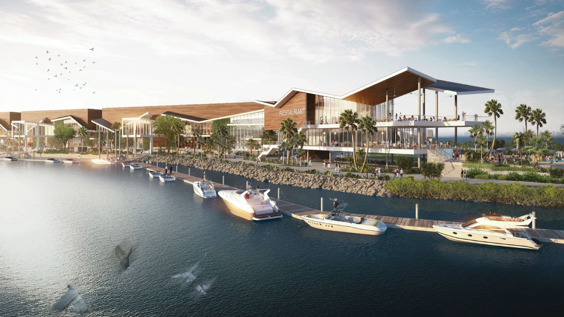 A rendering of the proposed redevelopment of the Rickenbacker and Marine Stadium marinas. Rendering: Virginia Key LLC/Arquitectonica