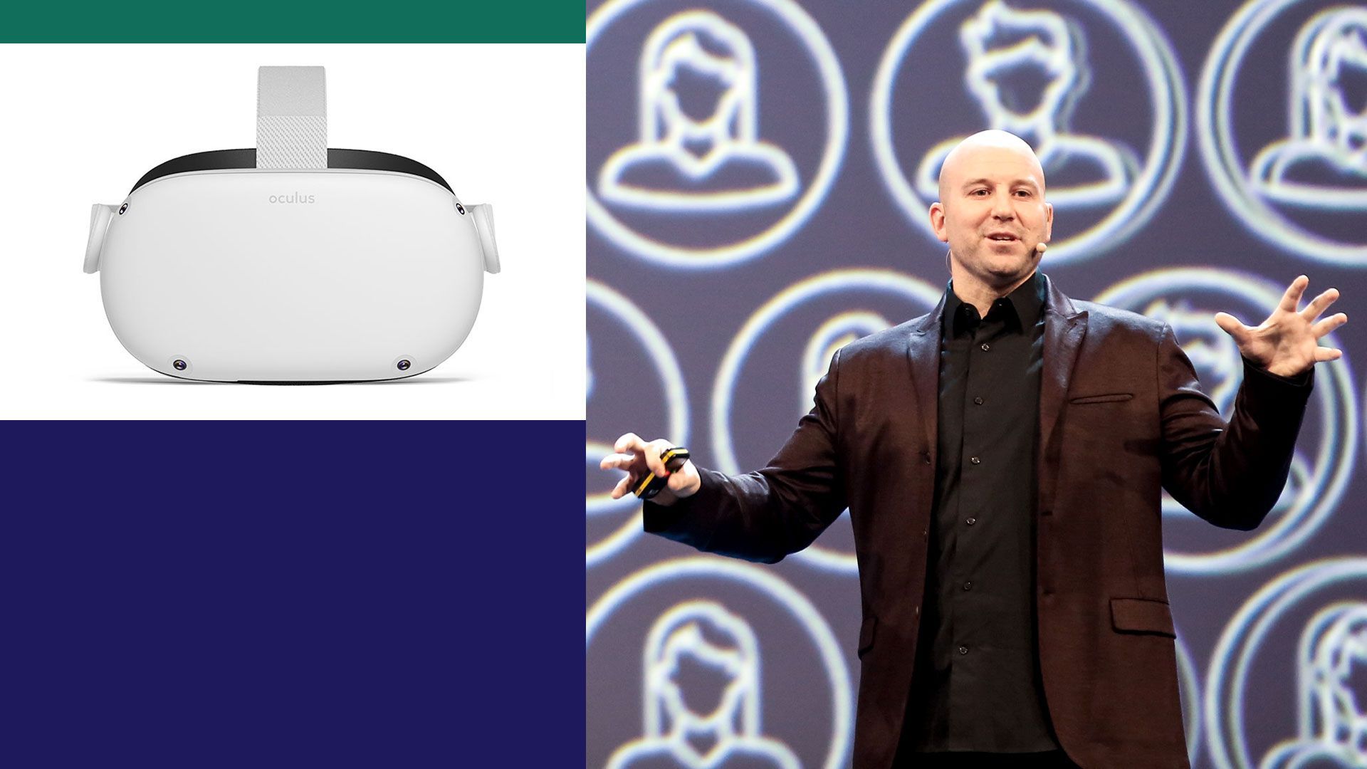 Photo Illustration of Andrew Bosworth with an Oculus Quest 2 image as well